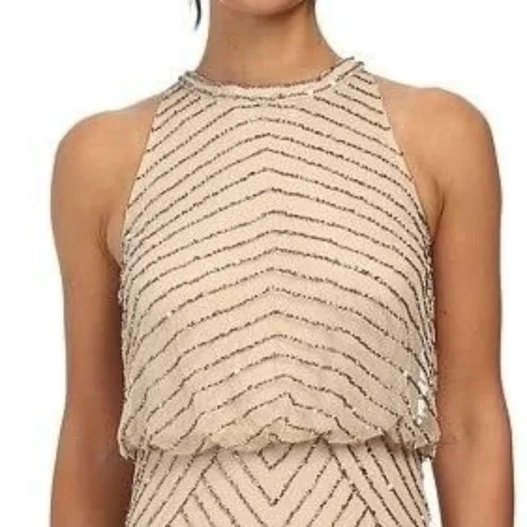** Adrianna Papell** Women's Halter Art Deco Beaded Blouson Dress Nude 0 - Picture 4 of 6